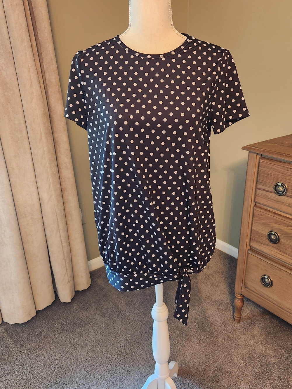 Lands' End Navy and White Polka Dot Scoop Neck Top